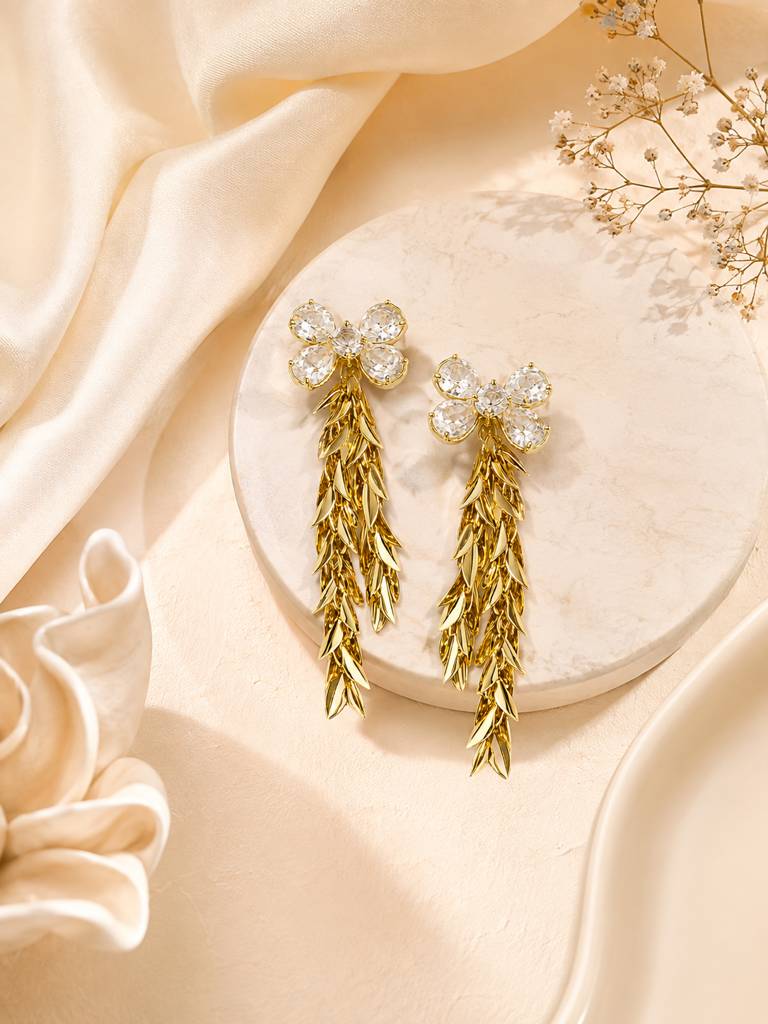 Crystal Blossom Leaf Drop Earrings : AN-LJ-GO-0054-DE