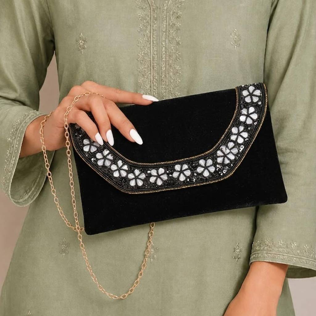 Velvet Sequin Beaded Clutch Bag For Women | Chain Strap | Embellished Wedding Festive Evening Purse : C190BL