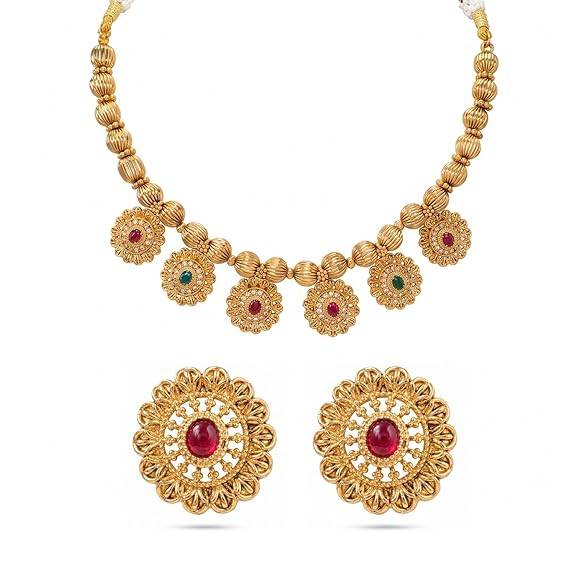 Gold Plated Traditional Necklace Earrings Set For Women | Faux Ruby & Emerald Studded | Festive & Bridal Jewellery : PF04BRC11RG