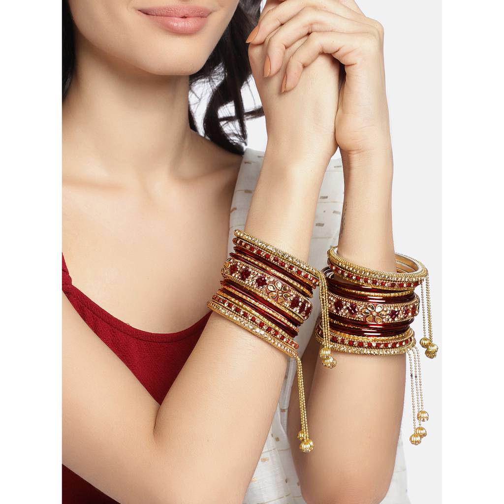 Stone Studded Metal Chuda Bangle Set With Hangings For Women Wedding Bridal Indian Traditional Ethnic Jewellery : PF51B43M