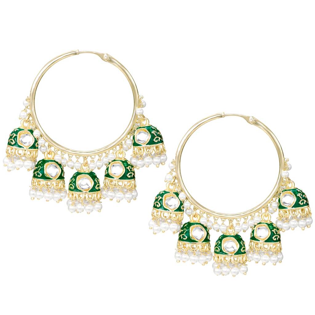 Gold Plated Green Ethnic Hoop Jhumka Style Earrings For Women : PF09E648GW