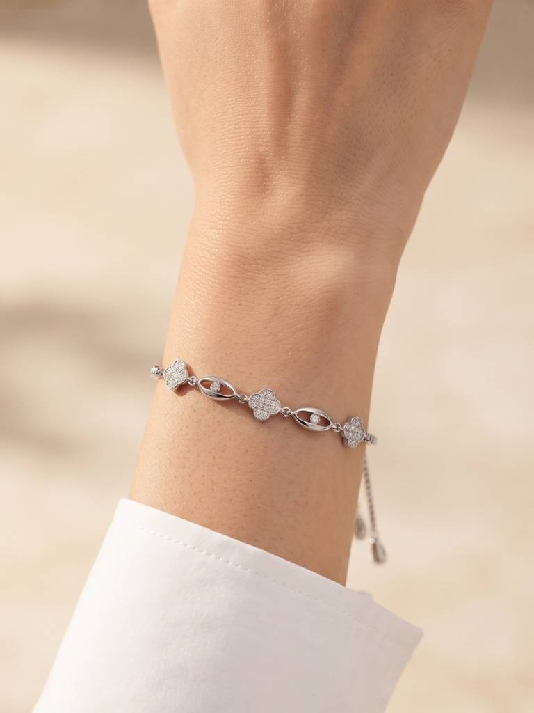 925 Silver Clover Flower Crystal Bracelet For Women : BR-56