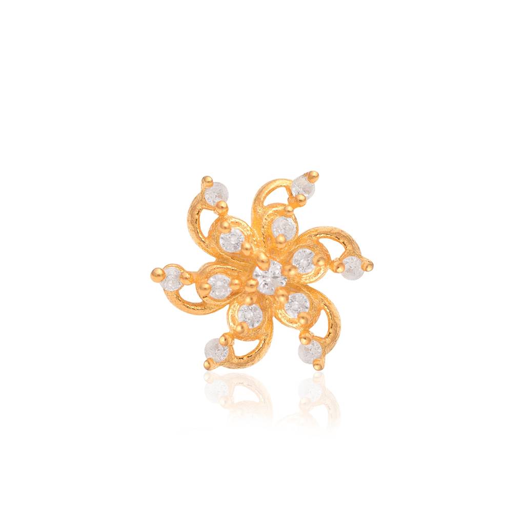 White Cz Floral Spiral Petal Nose Pin - Sterling Silver Gold Plated : NP-00197_925S_SW277_YG_WCZ