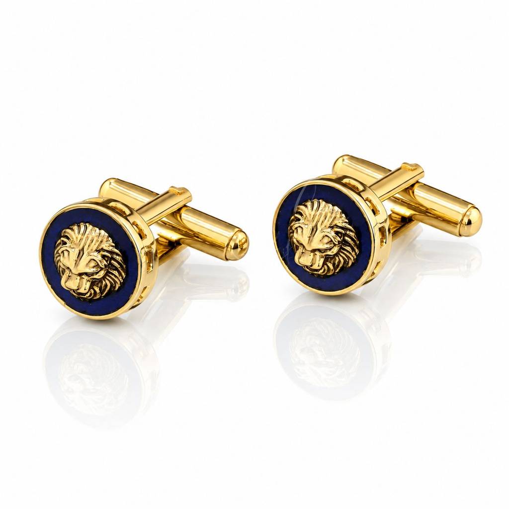 Navy Blue Enamel Gold Finish Lion Face Men'S Cufflink Pair : 700001_2