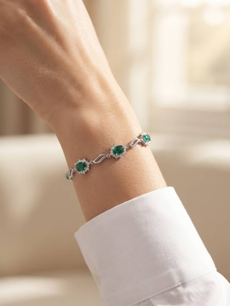 925 Silver Emerald Celestine Halo Bracelet For Women : BR-79