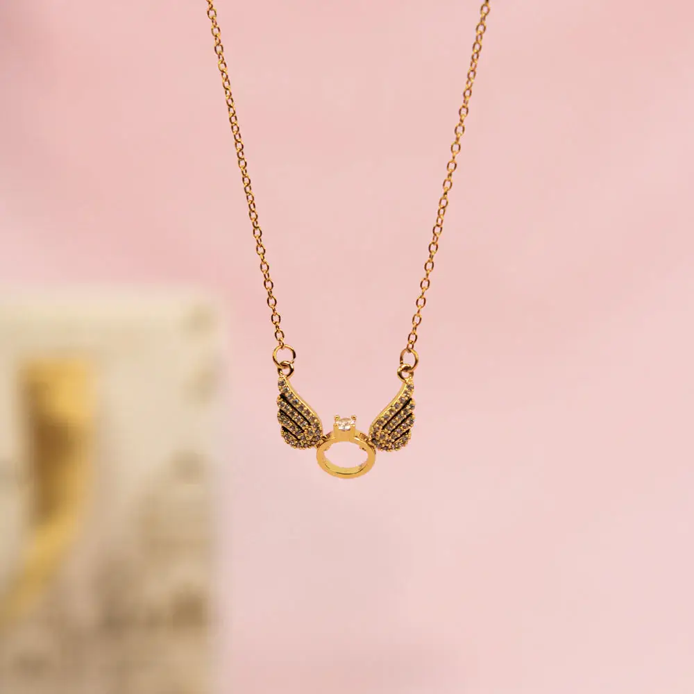 Gold Angel Wings Necklace And  Gold Tone Ring Set For Mother : NRC-252-G-2