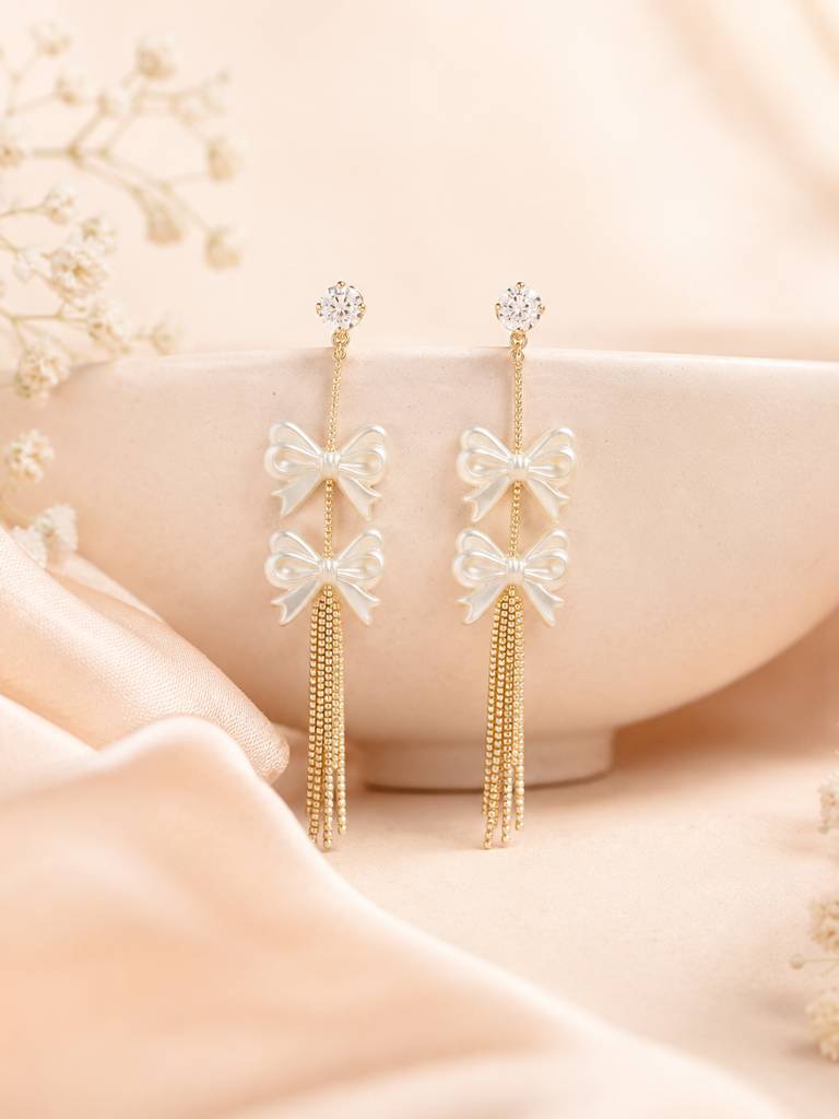 Pearl Bow Tassel Gold Drop Earrings : AN-LJ-WH-0082-DE