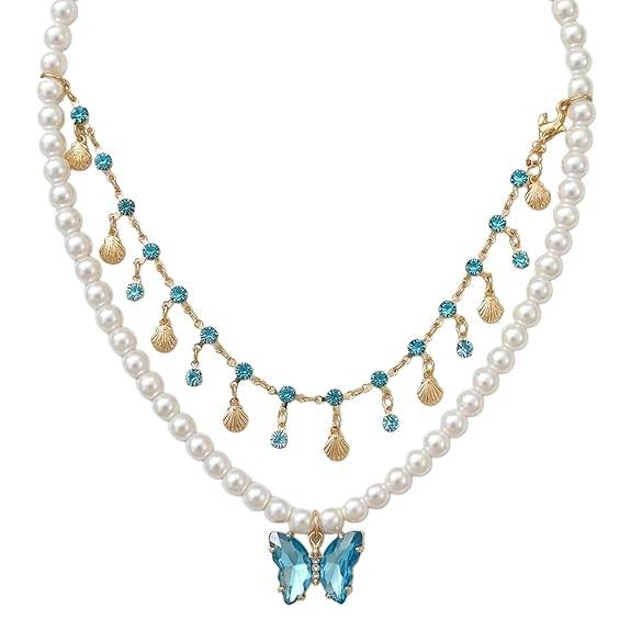 White Blue Gold Plated Layered Necklace For Women Pearl & Crystal Studded Festive & Casual Wear Jewellery Gift For : PX9N276WB