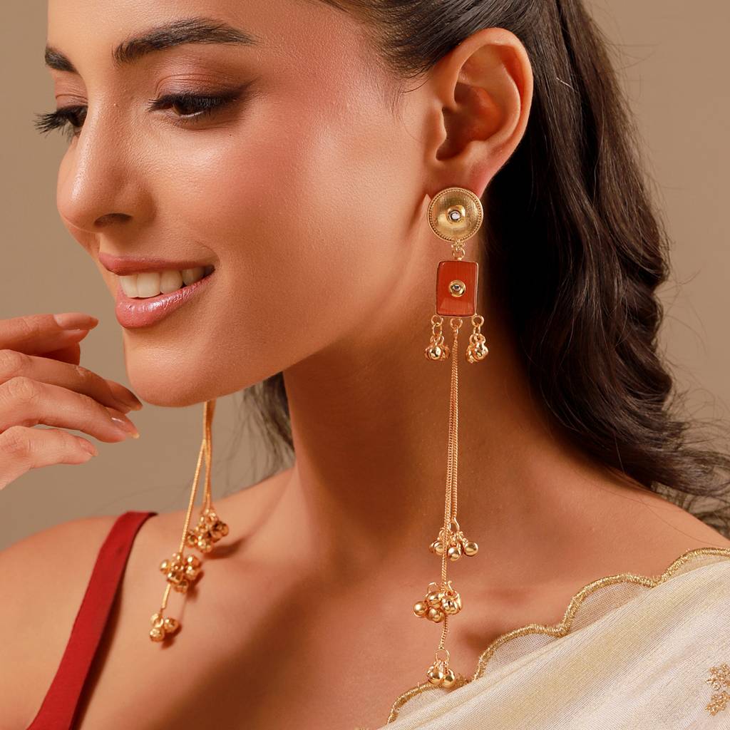 Kashmiri Orange Red Stone Gold-Toned Dangler Earrings : 8905124585049