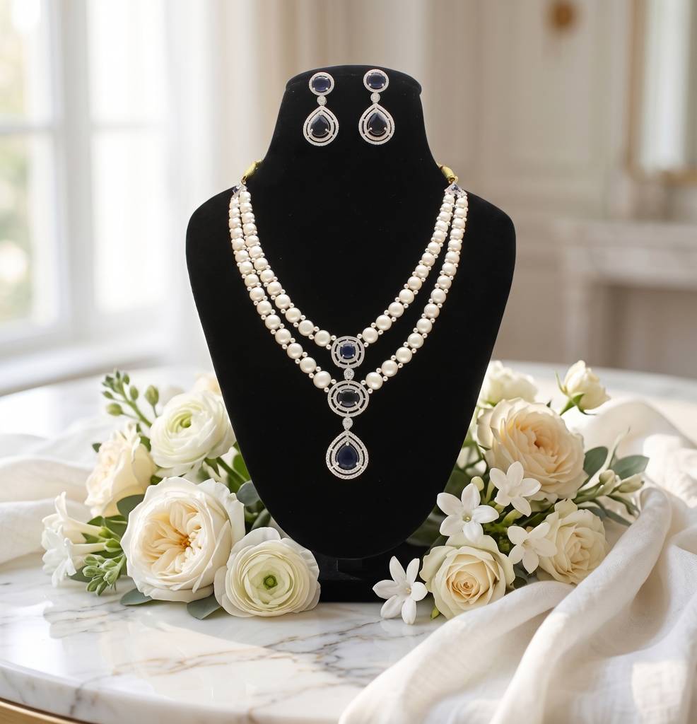 Double Strand Pearl Pendant Necklace Set : JPAPR-26-008