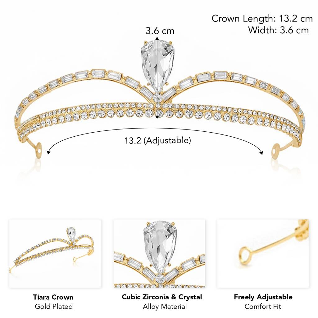 Cubic Zirconia & Crystals Studded Gold Plated Tiara Crown Head Accessories Fashion Jewellery For Women & Girls : PX9CW10G