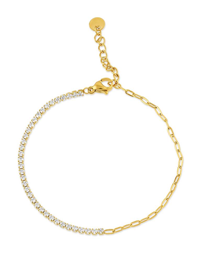 18K Gold Plated Half Chain Tennis Bracelet Stainless Steel Waterproof & Anti-Tarnish : B4ASSS0G