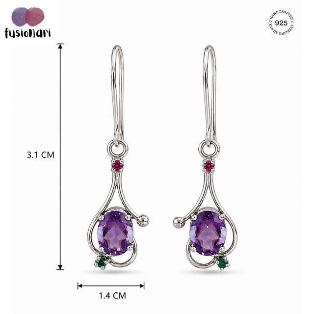 925 Sterling Silver Amethyst & Ruby Gemstone Dangle Earrings For Women : FU-1363