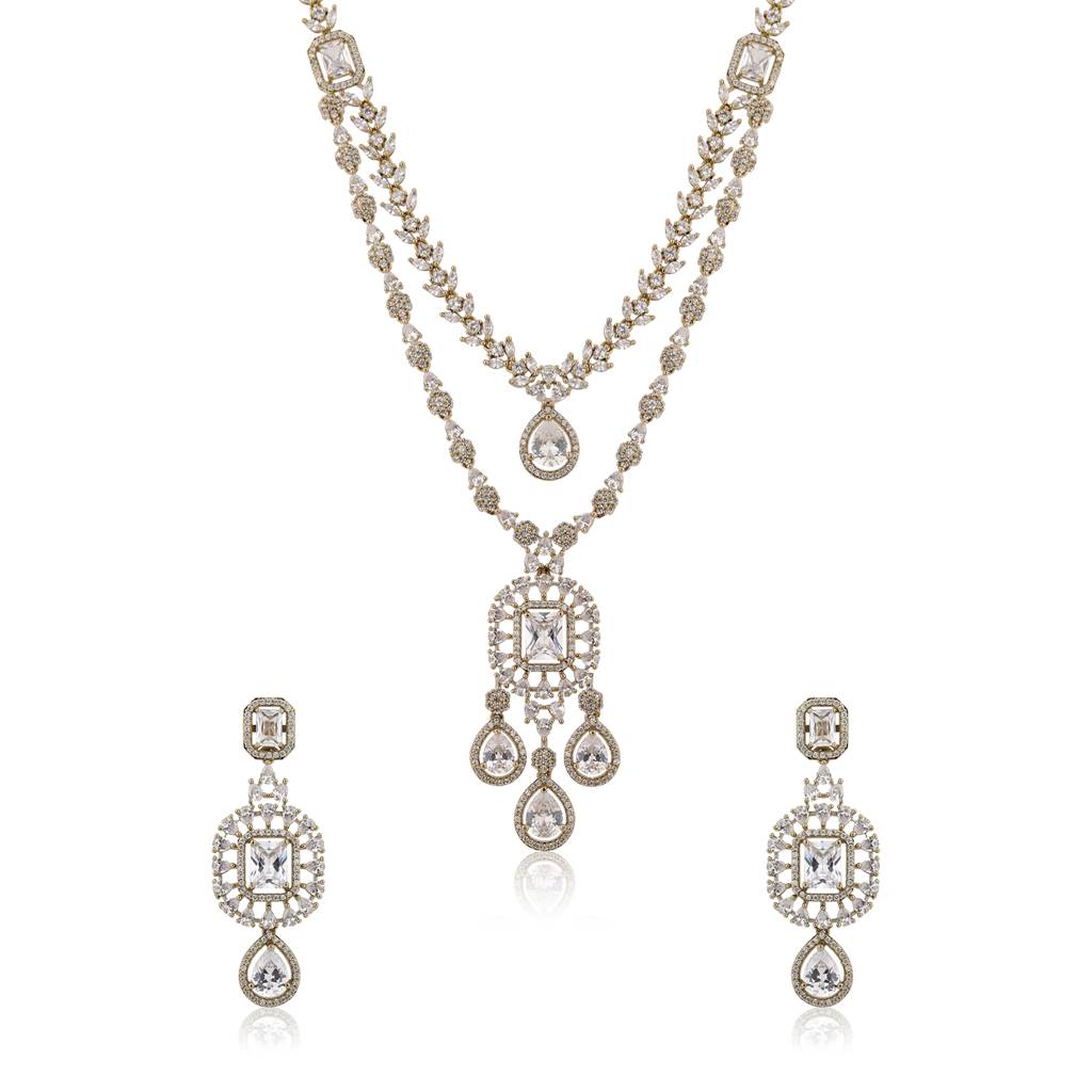 Sparkling Elegance Regal Cascade Cz Necklace Set For Women | Stylish Statement Mehendi Jewellery Set For Women : 8905124582963