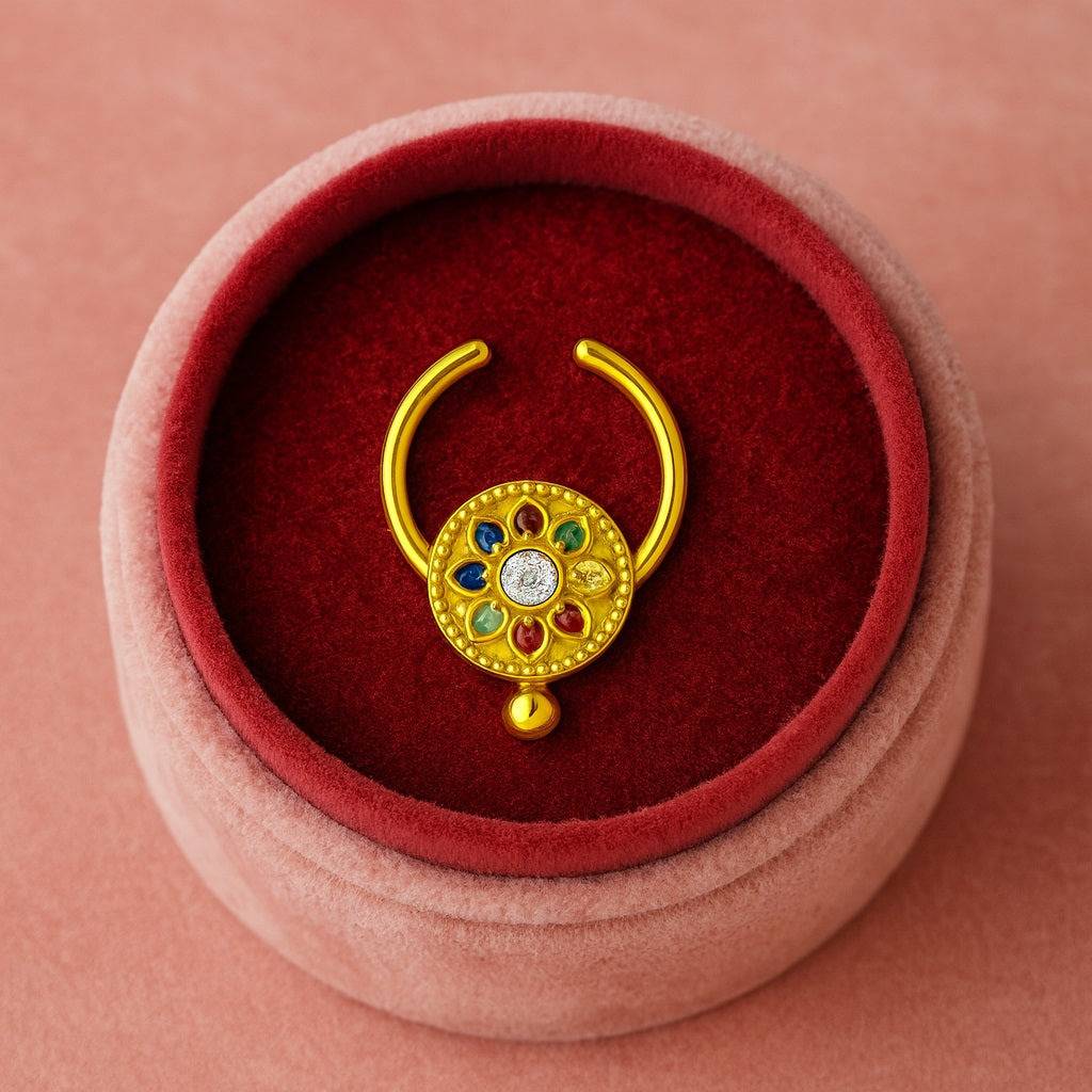 Navratna Floral Mandala Multi Gemstone Septum Nose Pin 925 Sterling Silver Gold Plated : 0008-NP-snp-0060