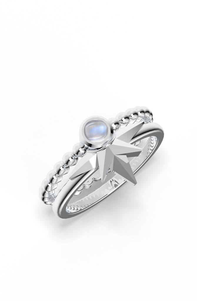 925 Sterling Silver Celestial North Star & Rainbow Moonstone Stackable Ring : SILLUXR006_S-7