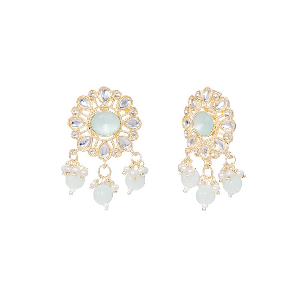 Mint Crystals Studded Necklace Earrings Maangtikka Set For Women | Festive & Bridal Jewellery, Anniversary Bi : PF04NK11172MNT