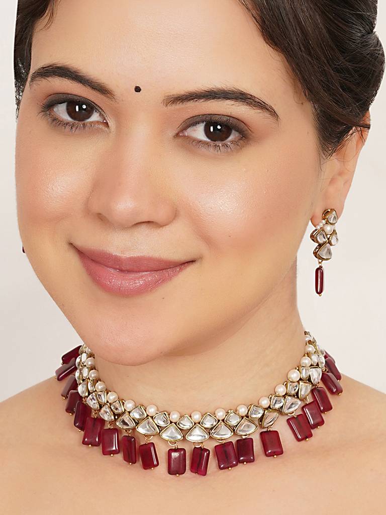 Ruby Kundan Drop Necklace Set With Matching Earrings : ACN092
