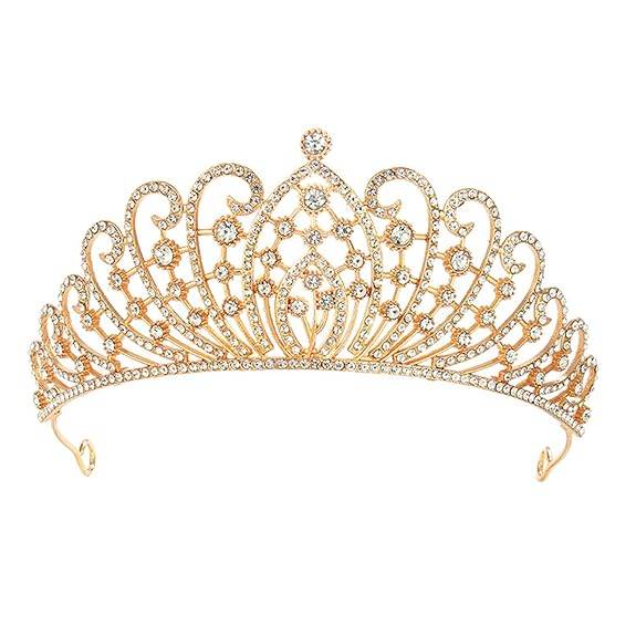 Gold Plated Cubic Zirconia Studded Princess Tiara Crown For Girls & Women Birthday Hair Accessories : PX9CW16G