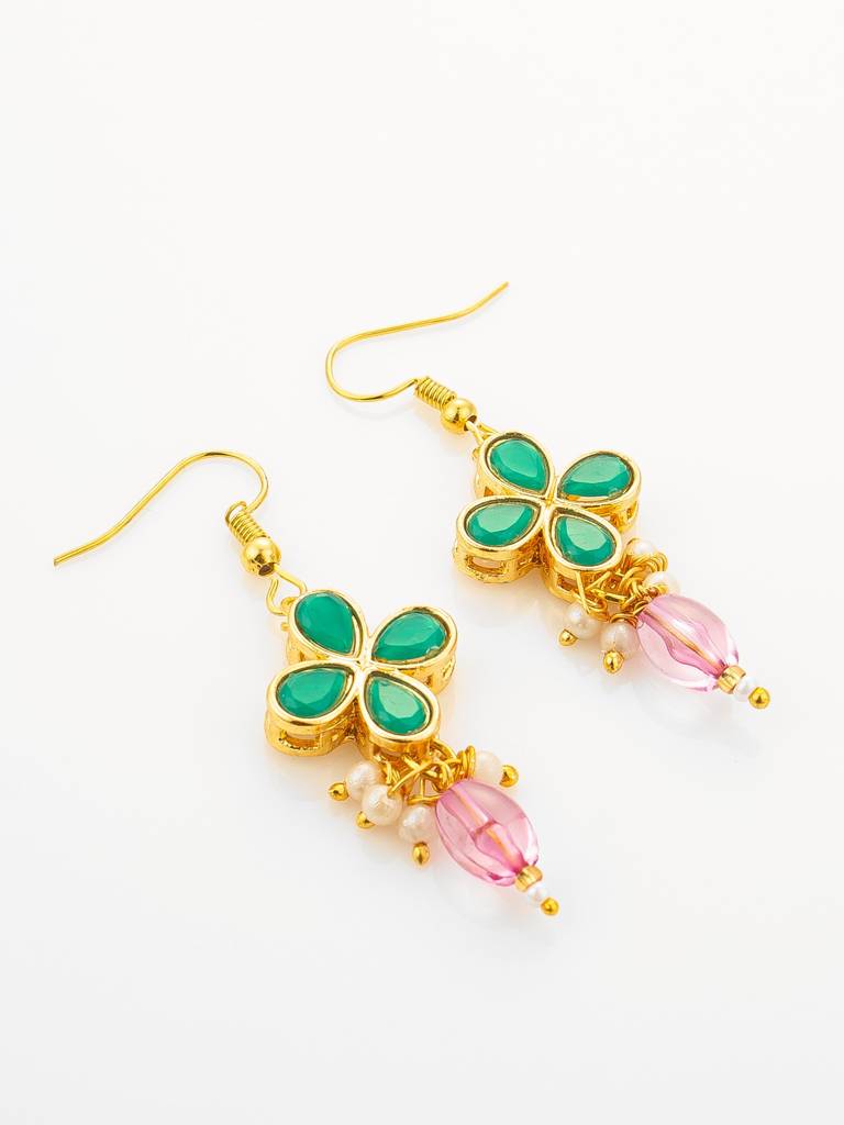 Gold Plated Double Layered Pearl Necklace With Floral Accents : NK4878