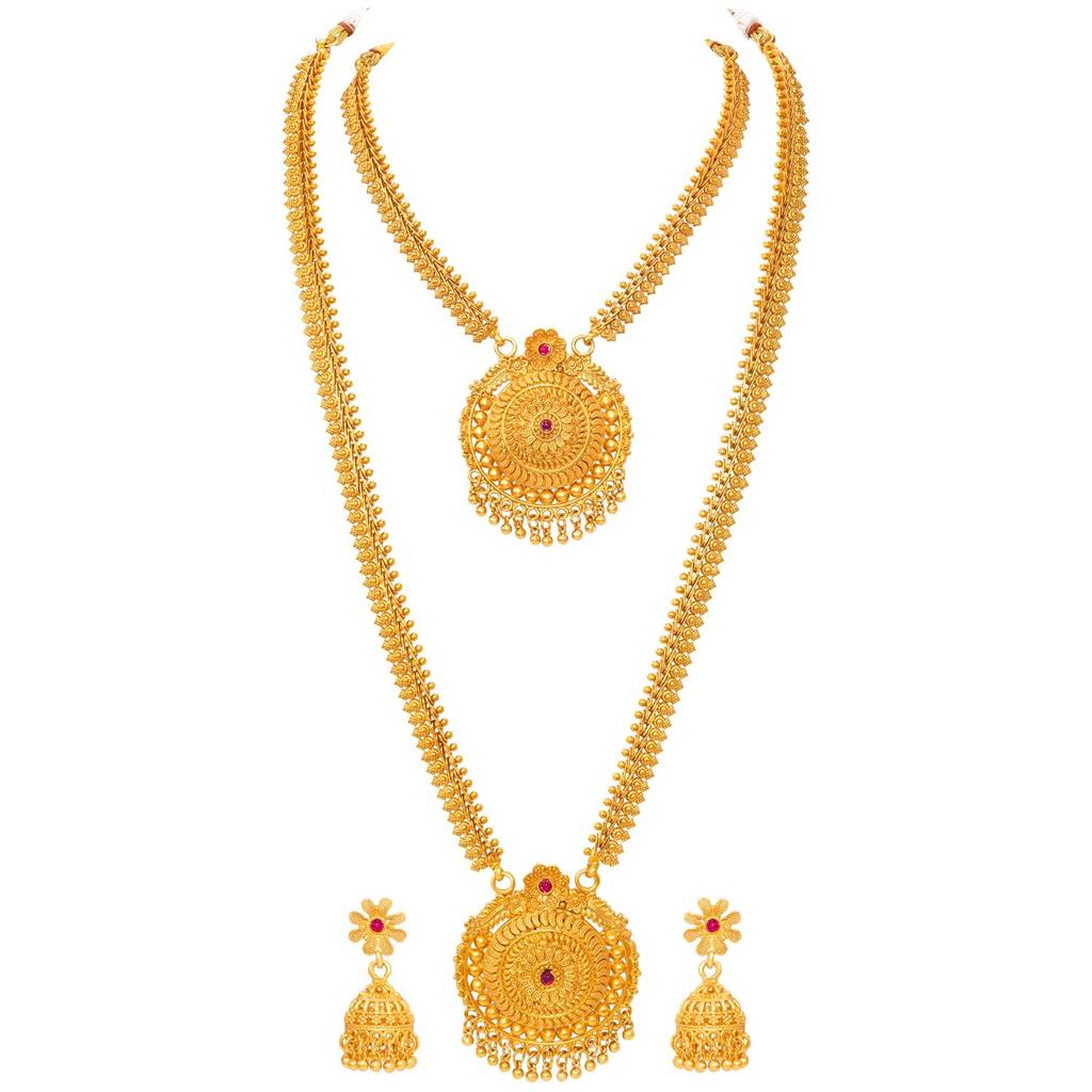 Short & Long Necklace Earrings Bridal Set For Women | Gold Plated | Faux Ruby Studded | Traditional Maharani Haar : PF04BR06RP