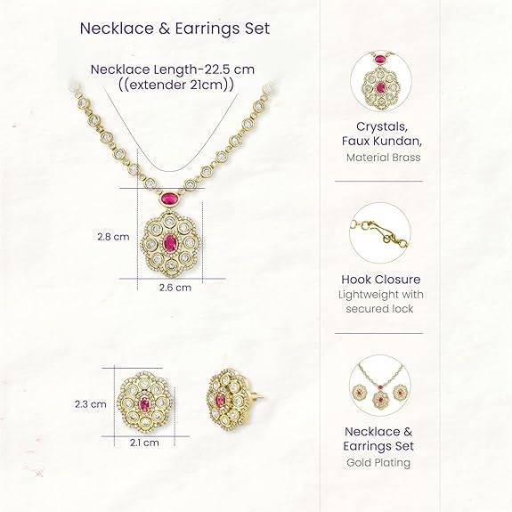 Green Pendant Style Necklace Earrings For Women & Girls Gold Plated Faux Emerald & Crystals Studded Festive Occasio : PF76N05R
