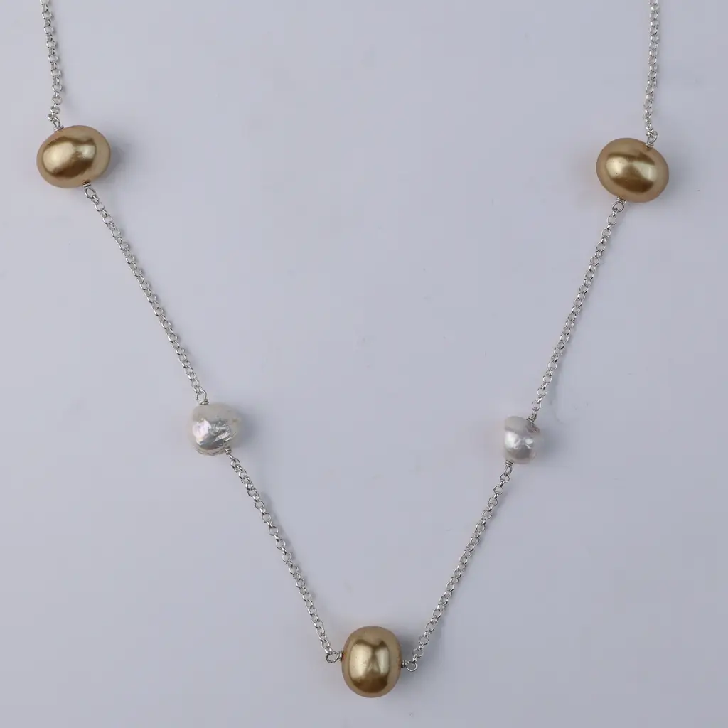 Pearl Line Necklace With Fresh Water Pearls & Golden Pearls : 70876055