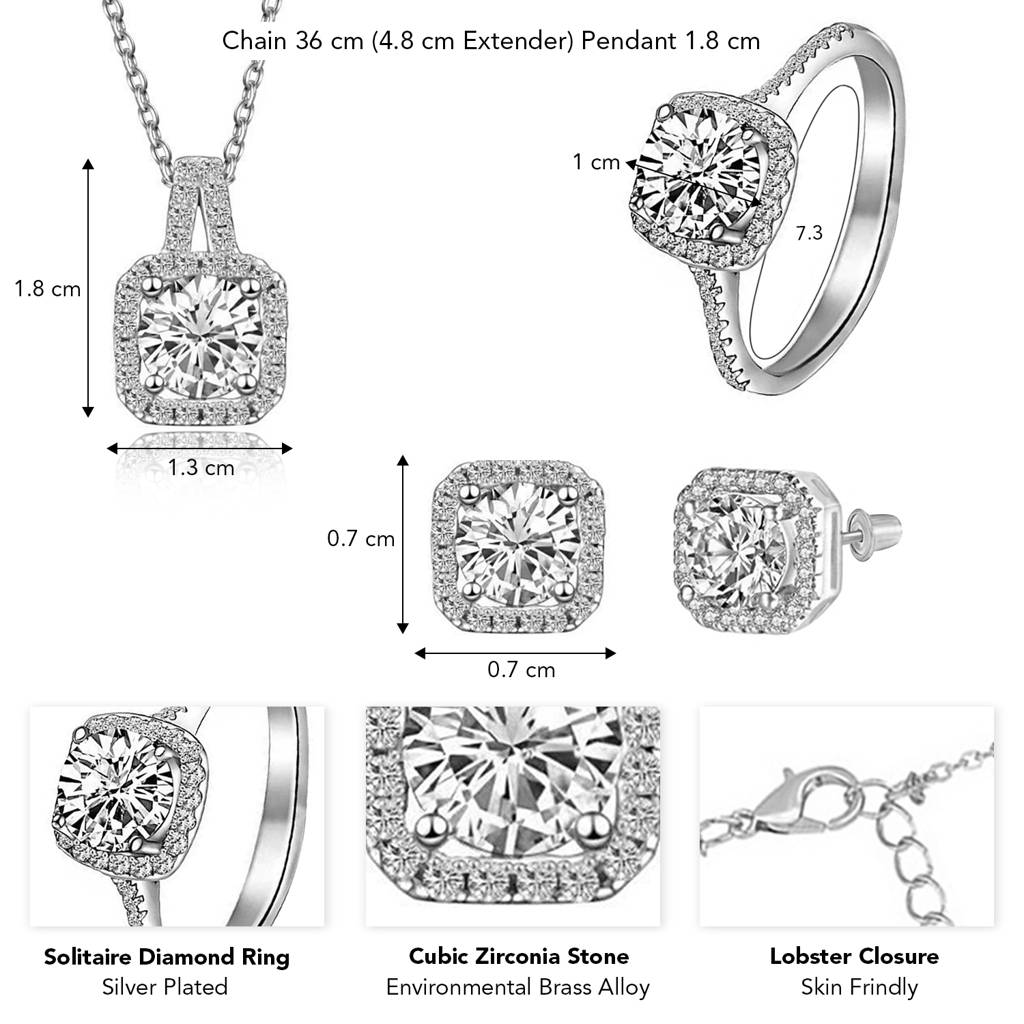 Silver Plated Cz Studded Pendant Chain Necklace Finger Ring & Stylish Stud Earrings Set Jewellery Gift For Women & G : PX9PS15
