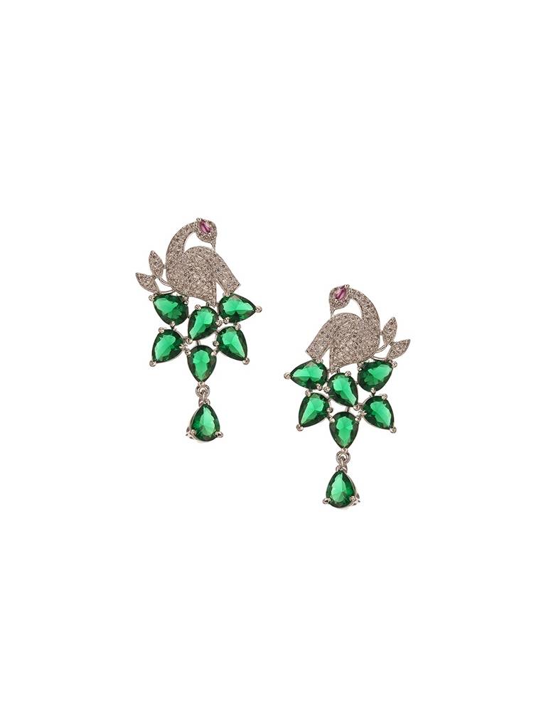 Silver Plated Emerald Green Ad Peacock Statement Earrings : SJER2985