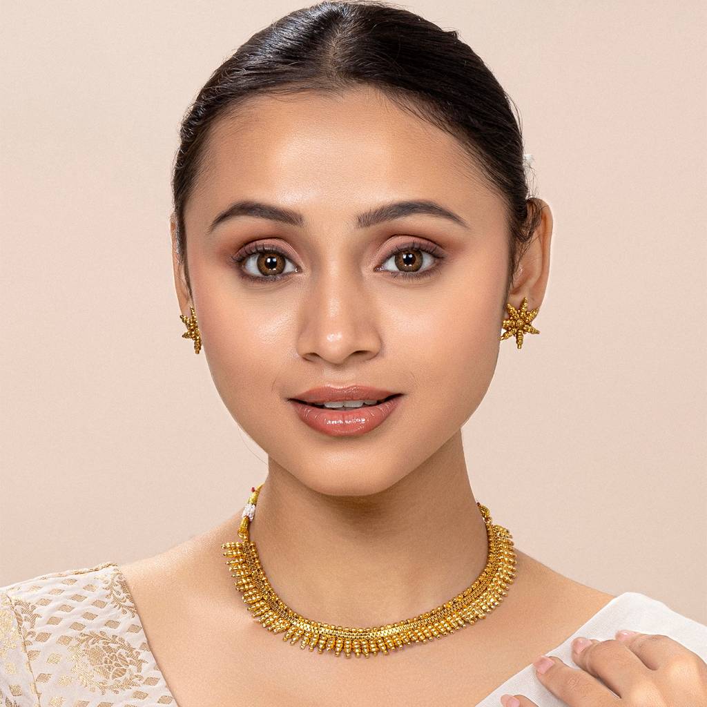 Peora Traditional Gold Plated Maharani Necklace With Earrings South Indian Traditional Festive Bridal Wear Jewell : PF04BRC144