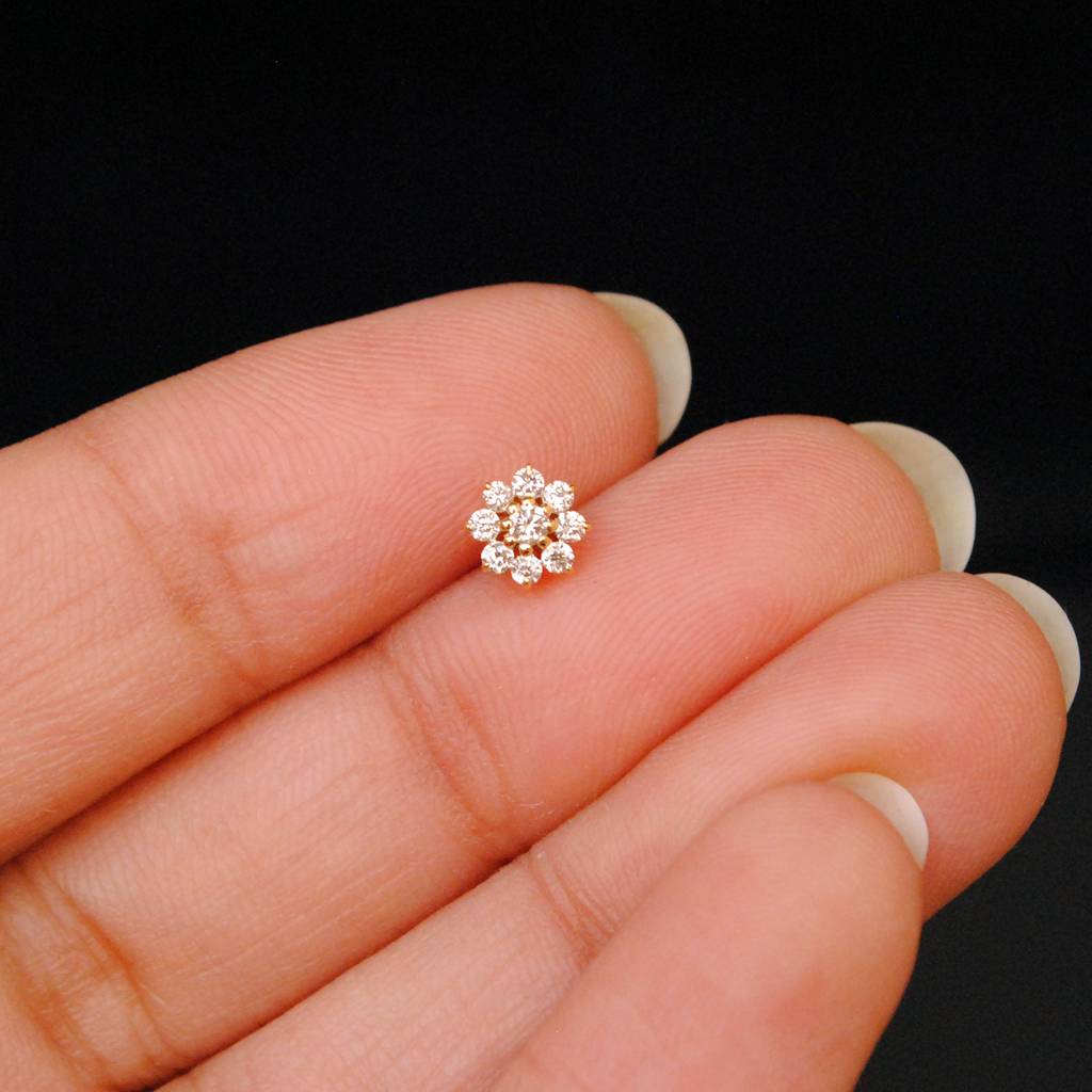 Natural Diamond Floral Nose Stud In 14K Gold : NP229-14Y-E-S