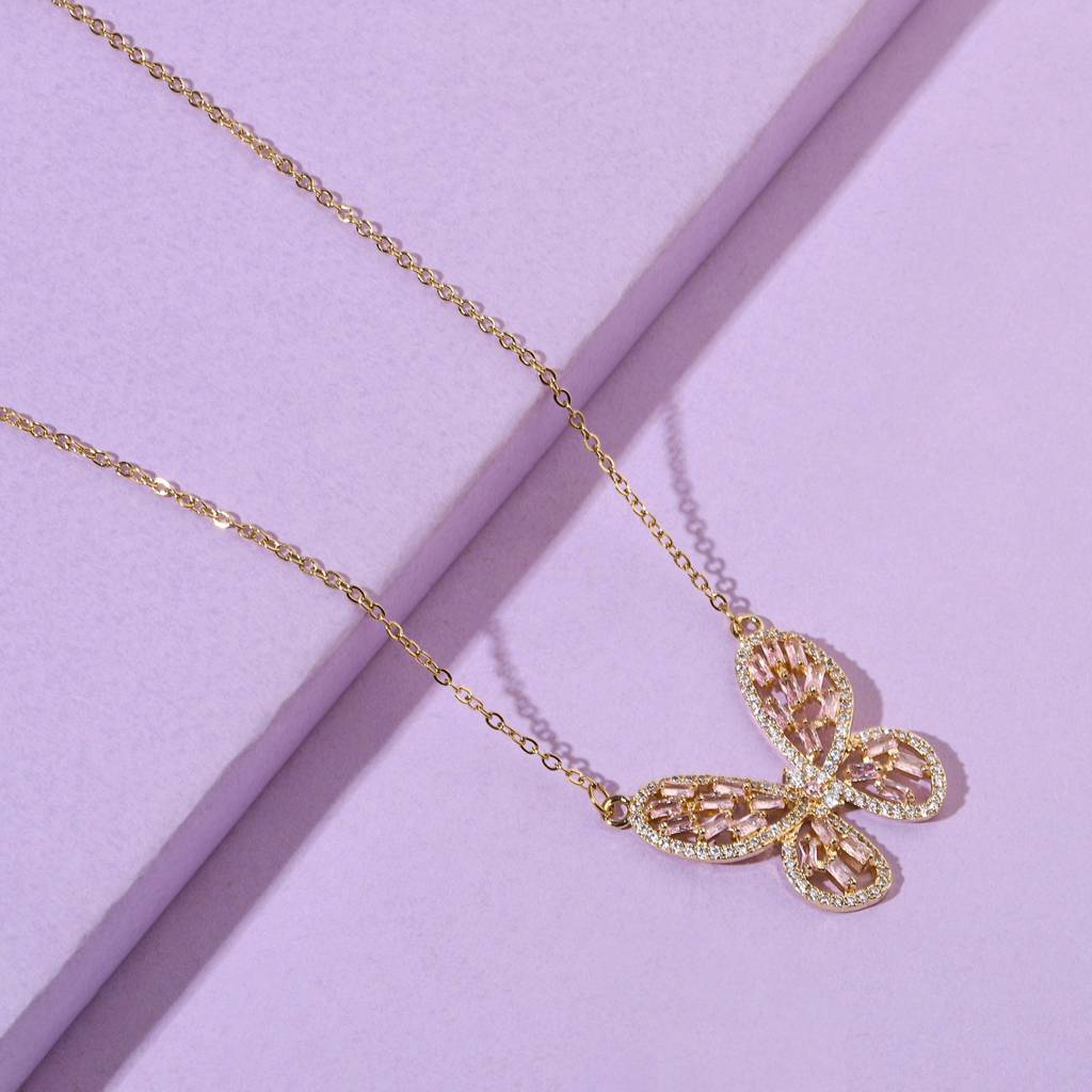 Irene Baguette Gold Butterfly Necklace : NS13791-G-PNK