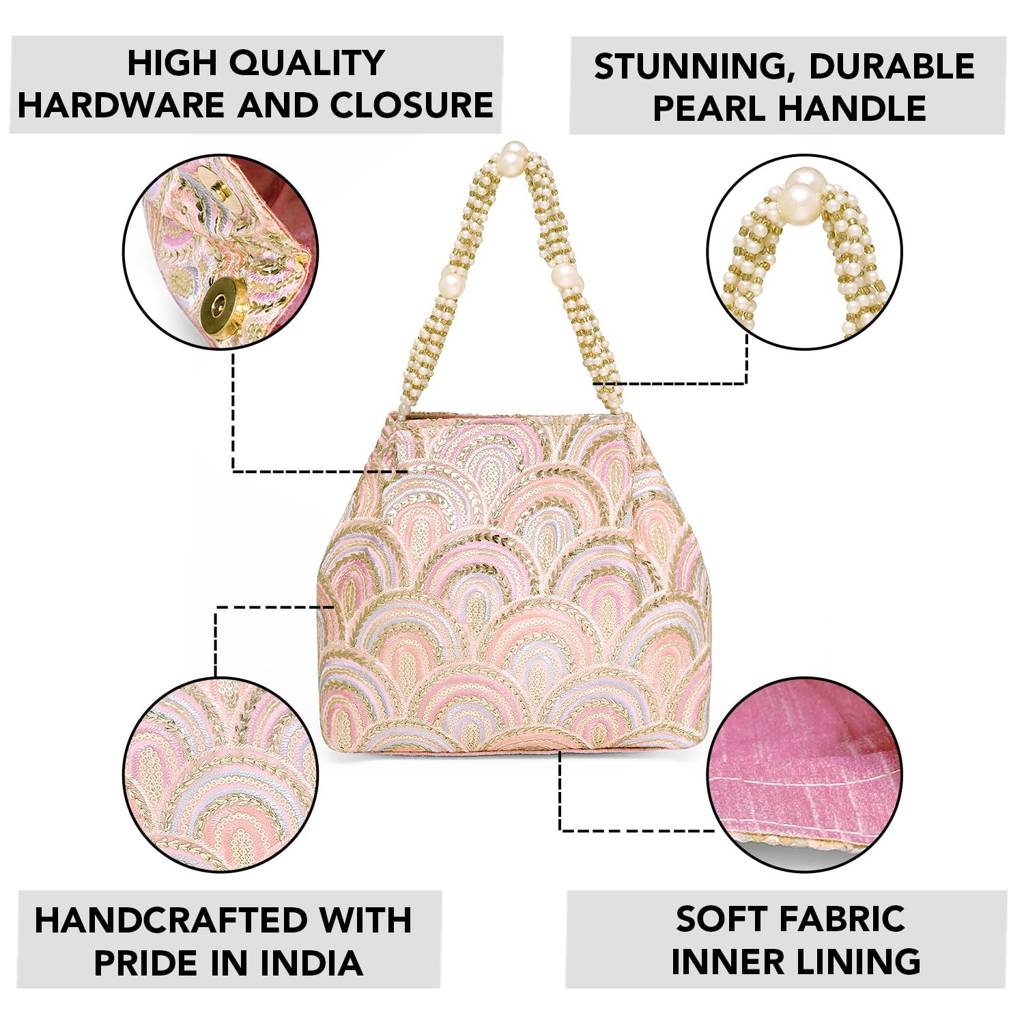 Sequins Motifs Potli Bag For Women Handmade Wristlet Handbag Stylish Bridal Purse Fashion Bag For Girls : P206PK-L