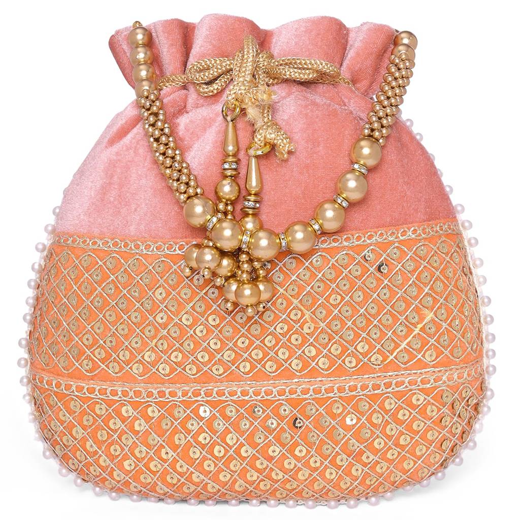 Zari Sequence Potli Bag With Beads Motif Handle For Women Handmade Handbag Stylish Bride Fashion Wristlet Bag For G : P197PK-F