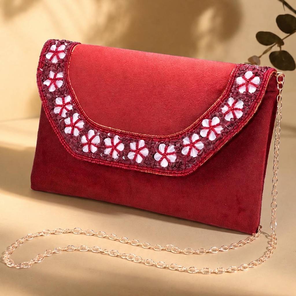 Velvet Sequin Beaded Clutch Bag For Women | Chain Strap | Embellished Wedding Festive Evening Purse : C190M