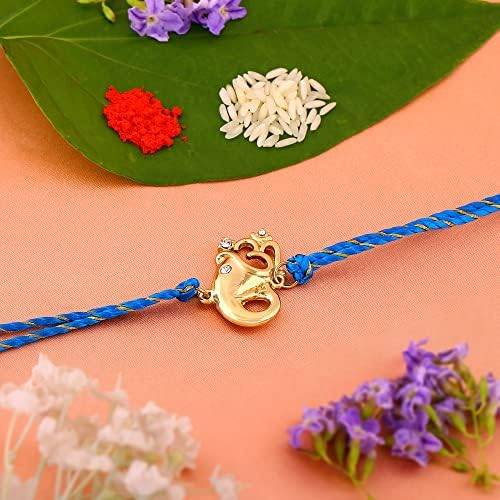 Gold Plated Blessed Ganesh Rakhi With Austrian Crystals And Fancy Silk Thread : 158-IG-RAKHI