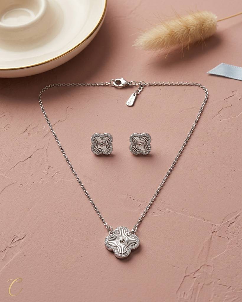 Silver Plated Floral Pendant Necklace & Stud Earrings Set : NEC-999-A8129