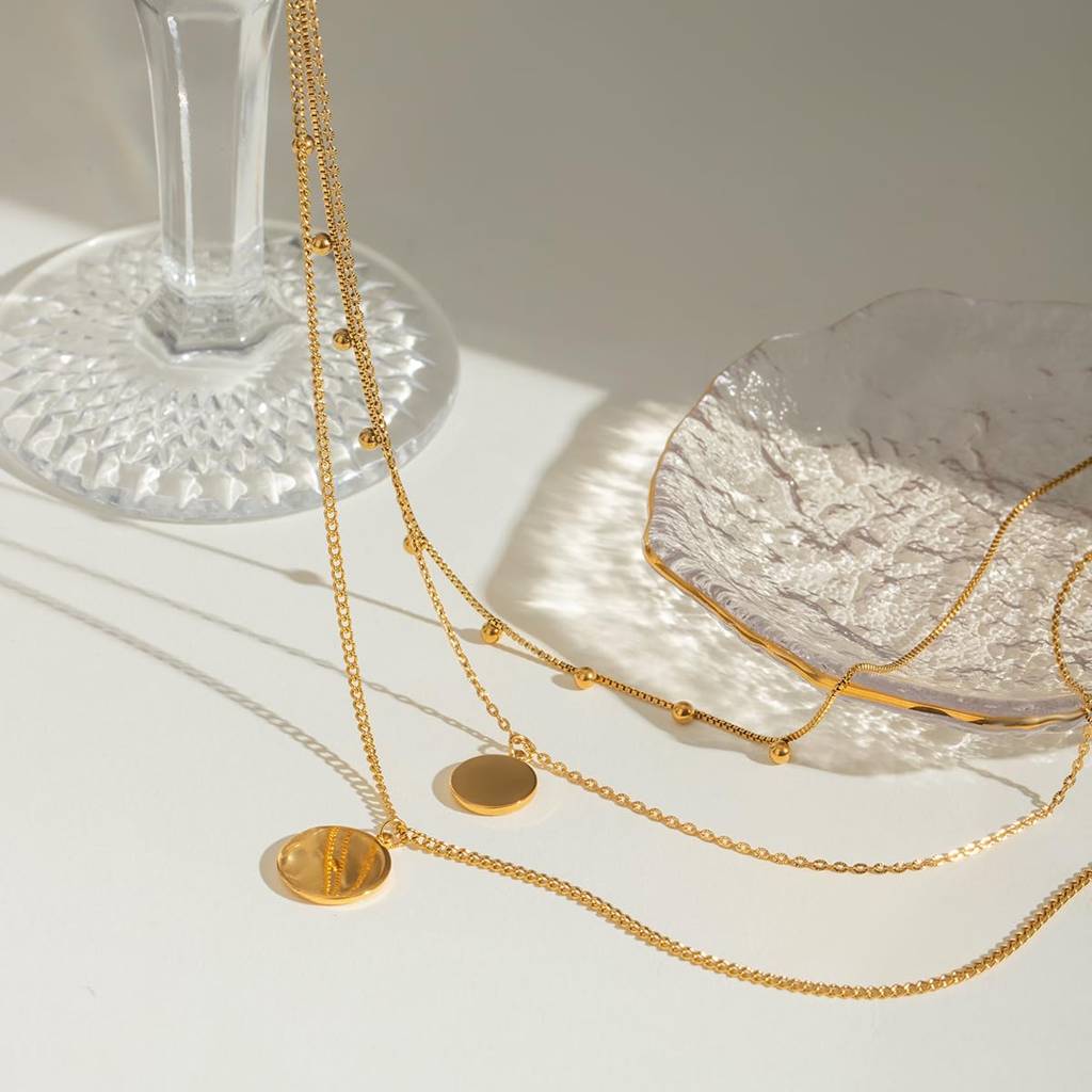 Golden Stainless Steel Layered Necklace For Women | Premium Elegant Multi-Layer Chain With Minimal Disc Pendants | : NW2408011