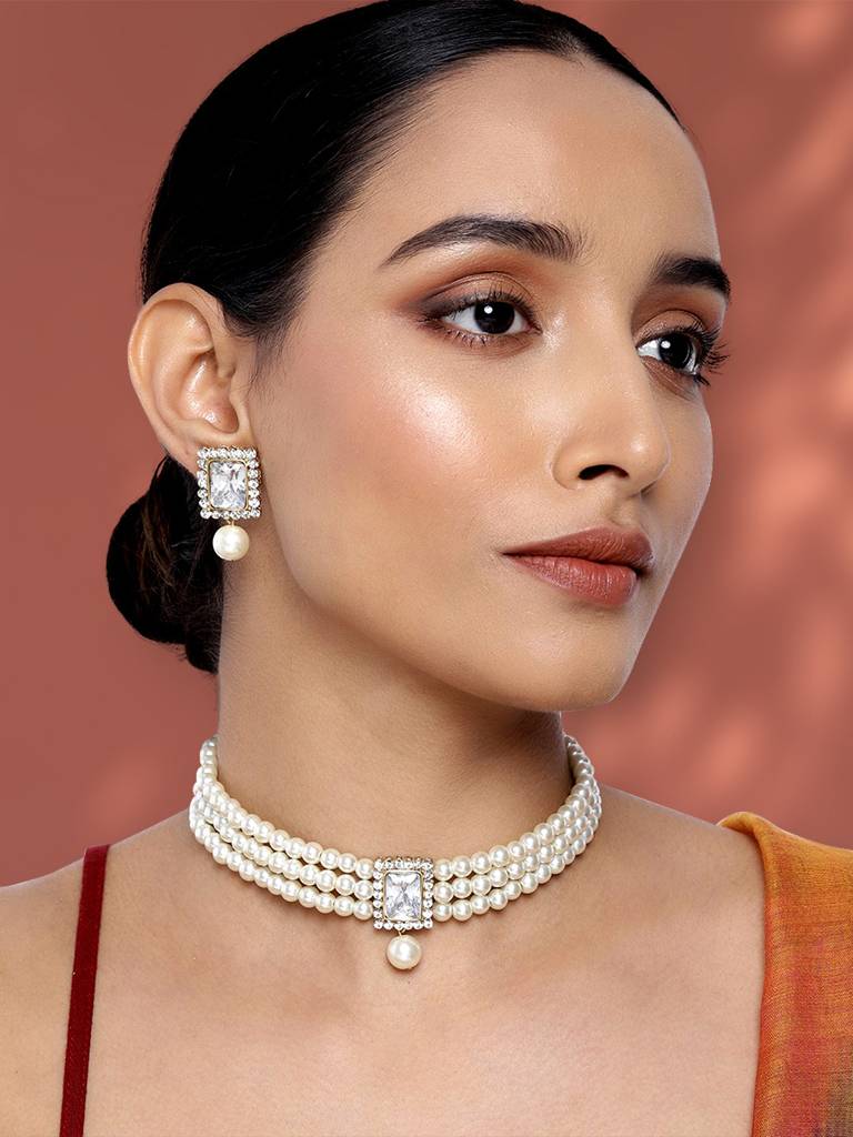 Peora Gold Plated Indian Traditional Crystal Pearl Beaded Choker Necklace Jewellery Set For Women : PF24N02W