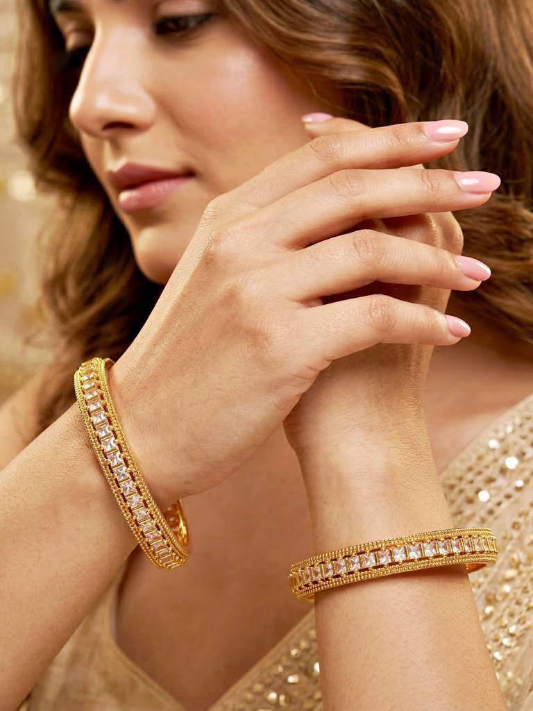 Gold Plated Temple Style White Ad Stone Bangle For Women | Elegant Ethnic Wedding Festive Kada Jewellery : 891-C1BG-2211-2-24