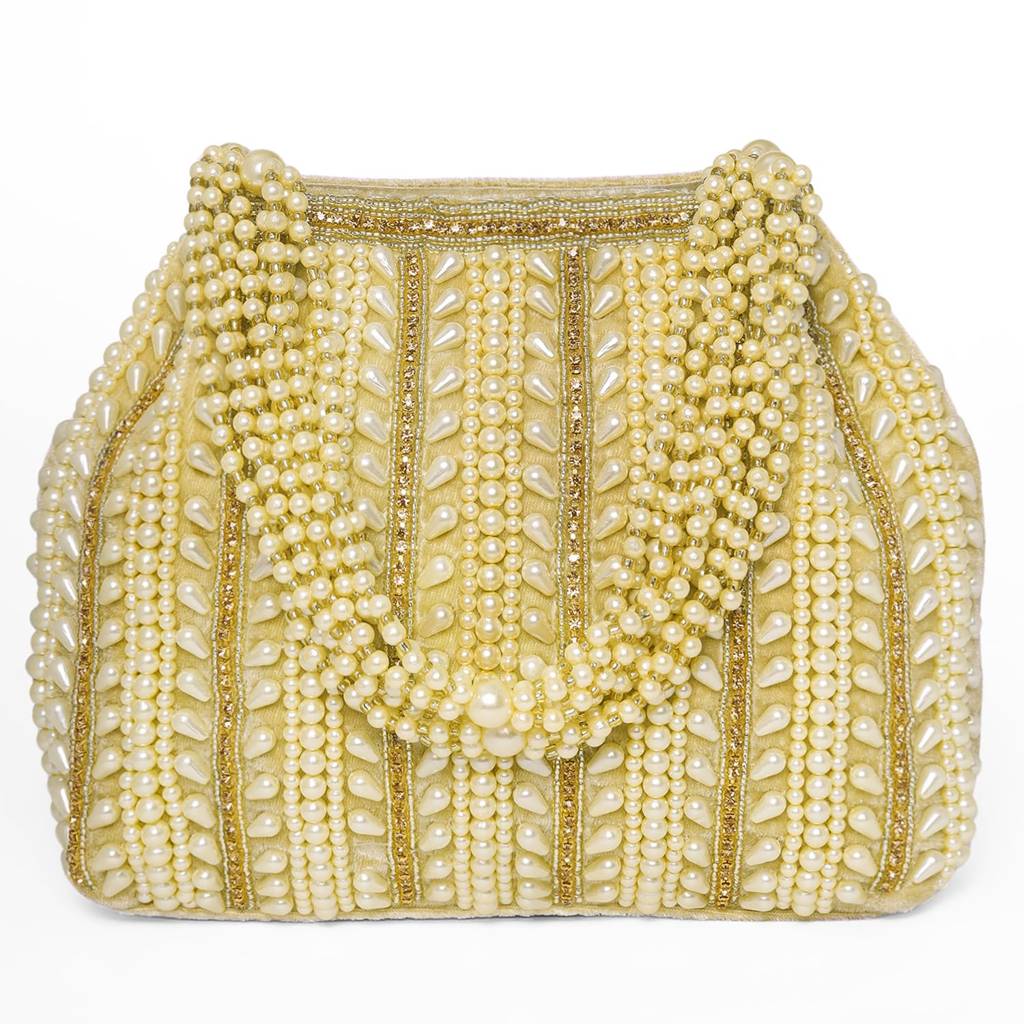Golden Beads Embellished Potli Bag For Women Handcrafted Bag Stylish Fashion Purse For Girl : P58G-F