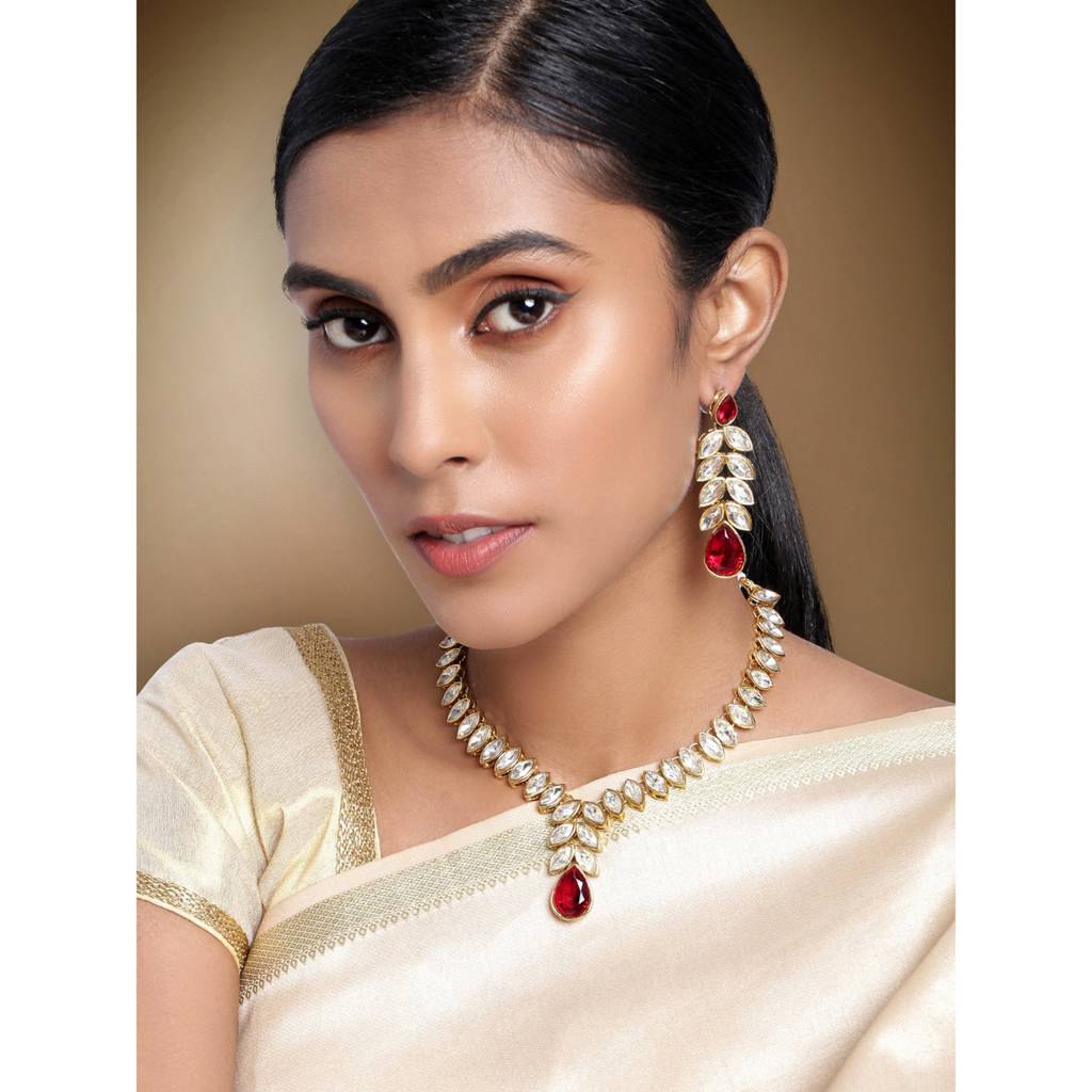 Peora Gold Plated Traditional Maroon Crystal Studded Long Necklace Earrings Jewellery Set For Women : PF24N15M