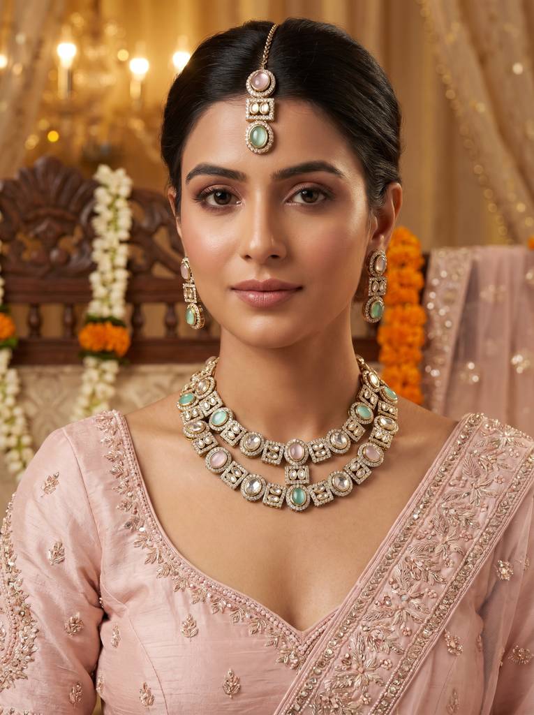Bridal Double Layer Jewellery Set : HBN-44-MINTPINK
