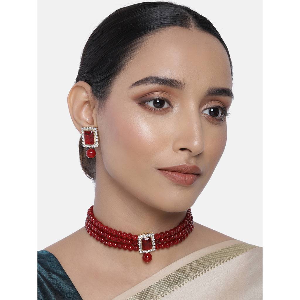 Peora Gold Plated Indian Traditional Crystal Pearl Beaded Choker Necklace Jewellery Set For Women : PF24N02M-1