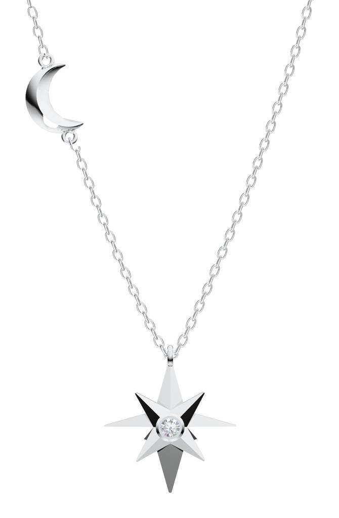 Celestial Star & Crescent Moon Moissanite Pendant Necklace In 925 Sterling Silver : SILLUXP001_S