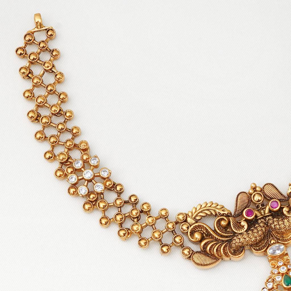Gold Plated Lakshmi Pendant Necklace With Emerald Beads For Women : skn26m8967