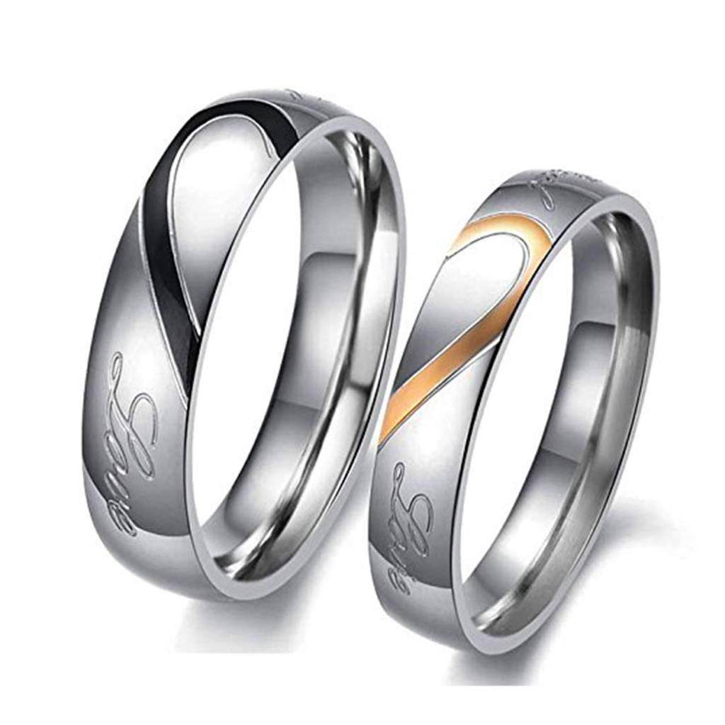 Stainless Steel 2 Pcs Love Heart Shape Matching Promise Couple Rings For Lovers Wedding Engagement Band Valentine Gi : PFCCR36