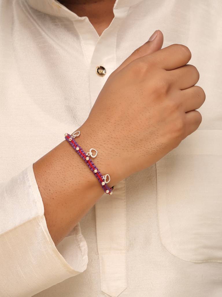 925 Sterling Silver Heart & Pearl Charm Rakhi – Rhodium Plated Thread Rakhi For Brothers : SILRAK150