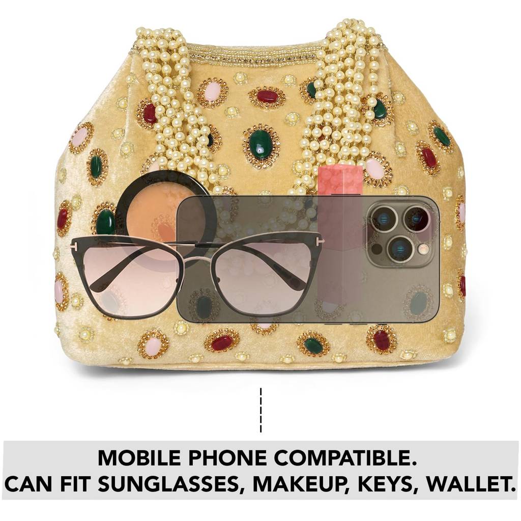 Gold Suede Fabric Pearl Potli Bag For Women Handmade Ethnic Handbag Stylish Bridal Fashion Wristlet Bag For Girls : P200G-F