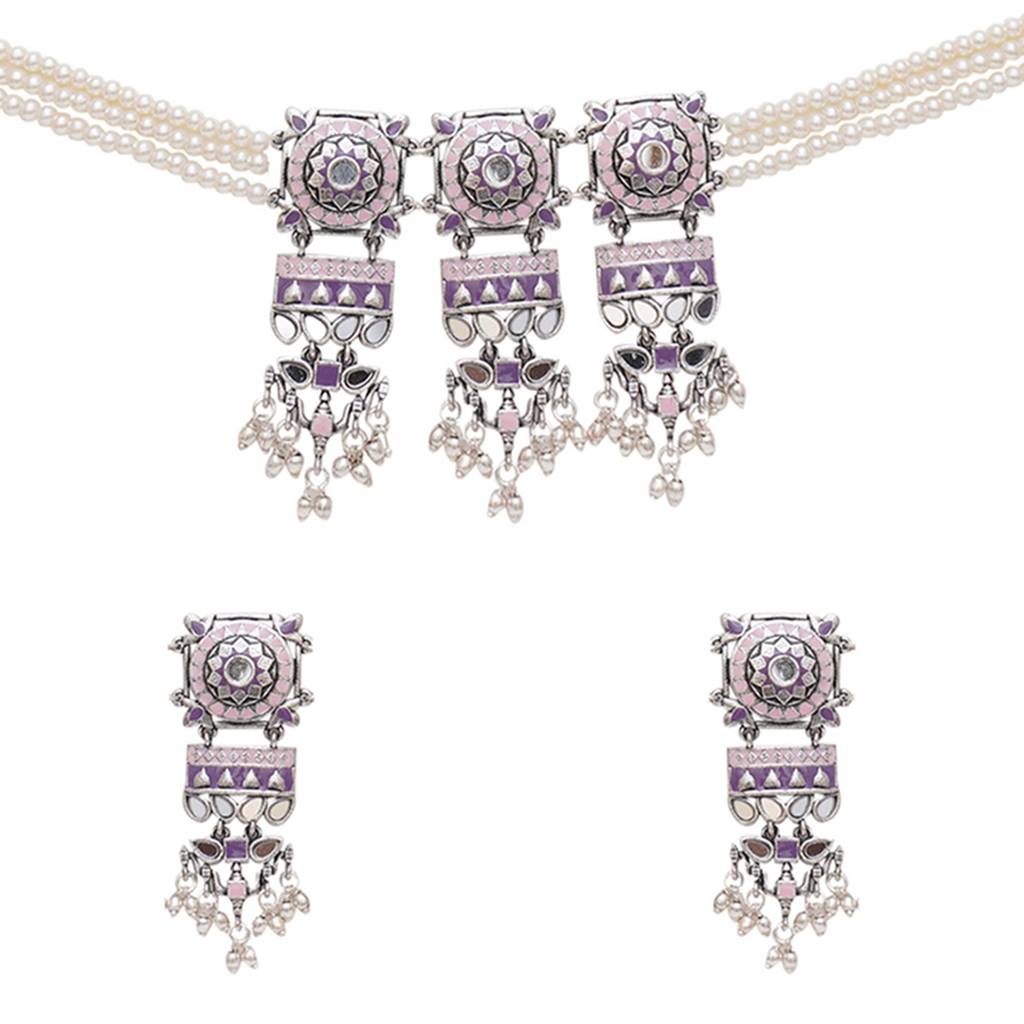Festive Hues Faux Pearls And Mirror Work Oxidised Silver Plated Brass Jewellery Set : 8905124466232